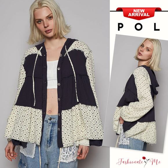 POL Color Block Printed Frayed Hem Relaxed Drawstring Hooded Shacket | Dark Navy - Picture 1 of 5